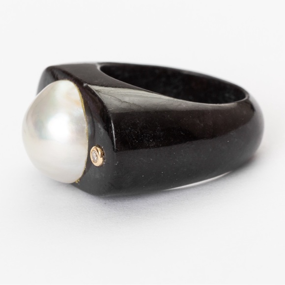 Pearl ring black agate 14K gold diamond accents chunky statement ring luxury 8 - Picture 4 of 16